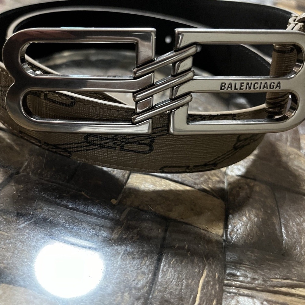 Balenciaga Silver Buckle Green Beige Printed Leather Belt